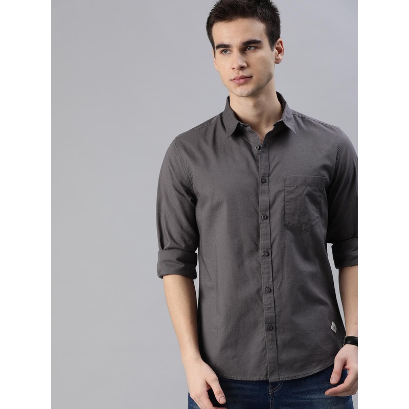 Roadster Men Charcoal Regular Fit Solid Casual Shirt
