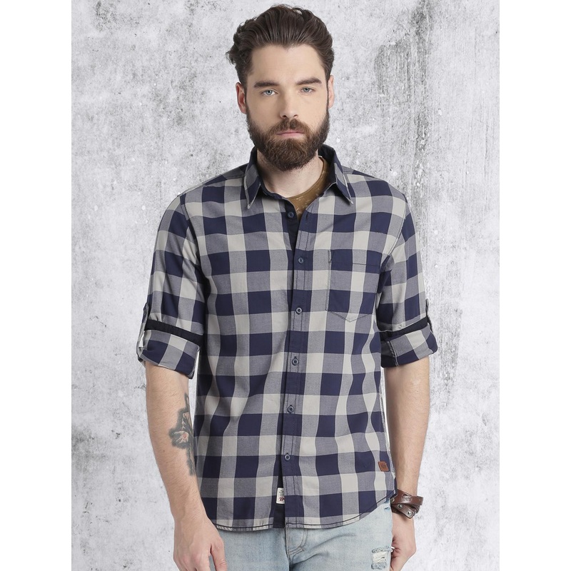 Roadster Men Grey & Navy Blue Checked Casual Shirt