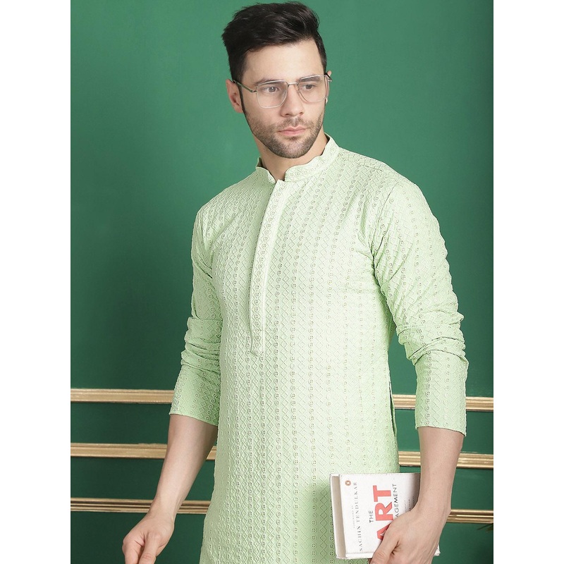 Anouk Checked Mandarin Collar Long Sleeves Thread Work Kurta