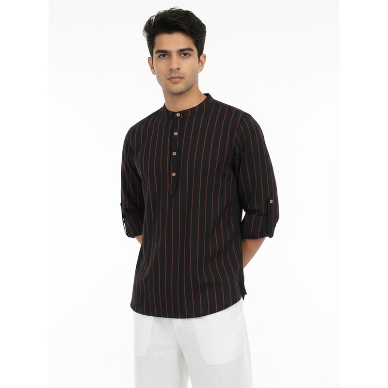 Anouk Rustic Striped Band Collar Kurta