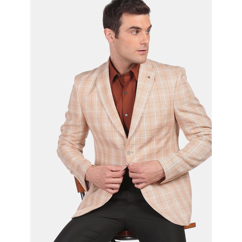 Arrow Men Beige Checked Tailored Fit Single-Breasted Formal Blazer
