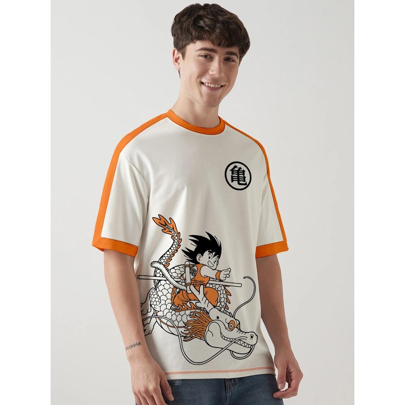 Crazymonk Kid Goku X Shenron Printed Drop-Shoulder Sleeves Cotton Oversized T-shirt