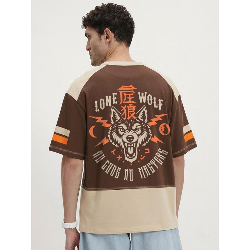 Crazymonk Men Animal Printed Colourblocked Oversized T-shirt