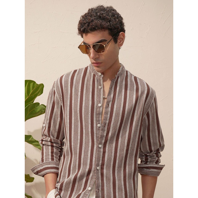 HIGHLANDER Men Vertical Striped Band Collar Casual Shirt