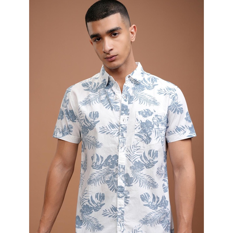 HIGHLANDER Men White & Blue Slim Fit Printed Casual Shirt