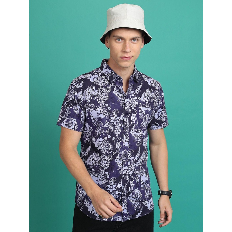 HIGHLANDER Purple Slim Fit Floral Printed Casual Cotton Shirt