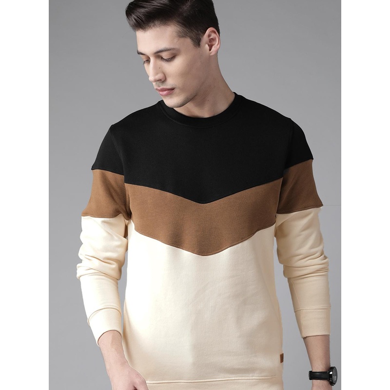 Roadster Men Beige & Black Colourblocked Sweatshirt