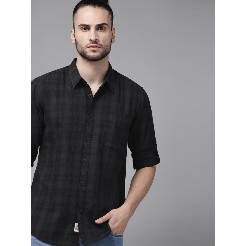 Roadster Men Black & Charcoal Grey Cotton Tartan Checks Opaque Casual Shirt