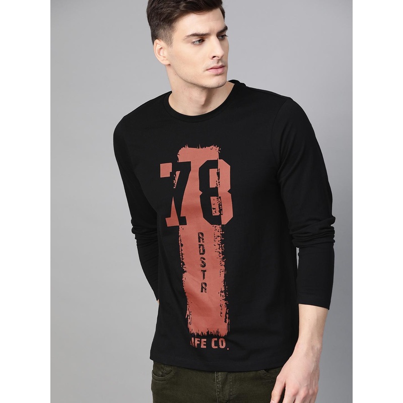 Roadster Men Black  Rust Brown Printed Round Neck Pure Cotton T-shirt