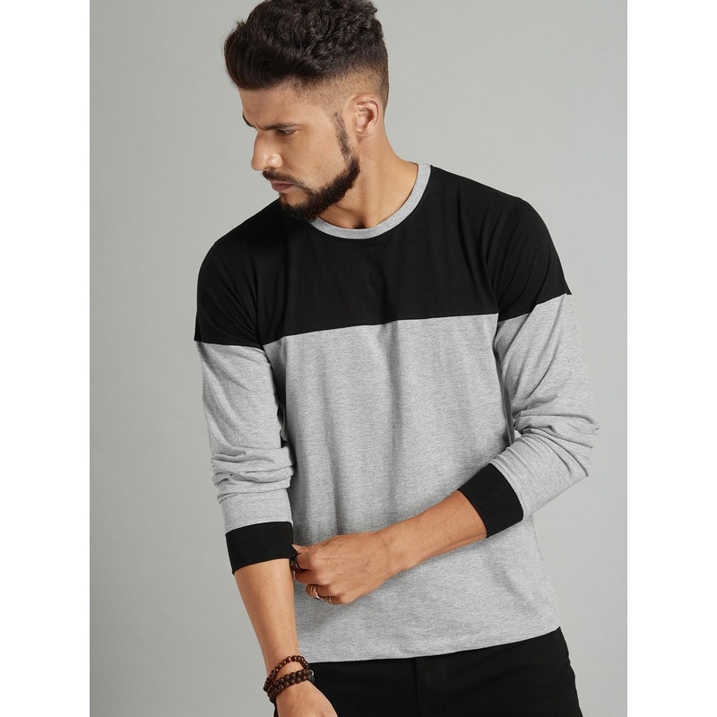 Roadster Men Grey Melange & Black Colourblocked T-shirt