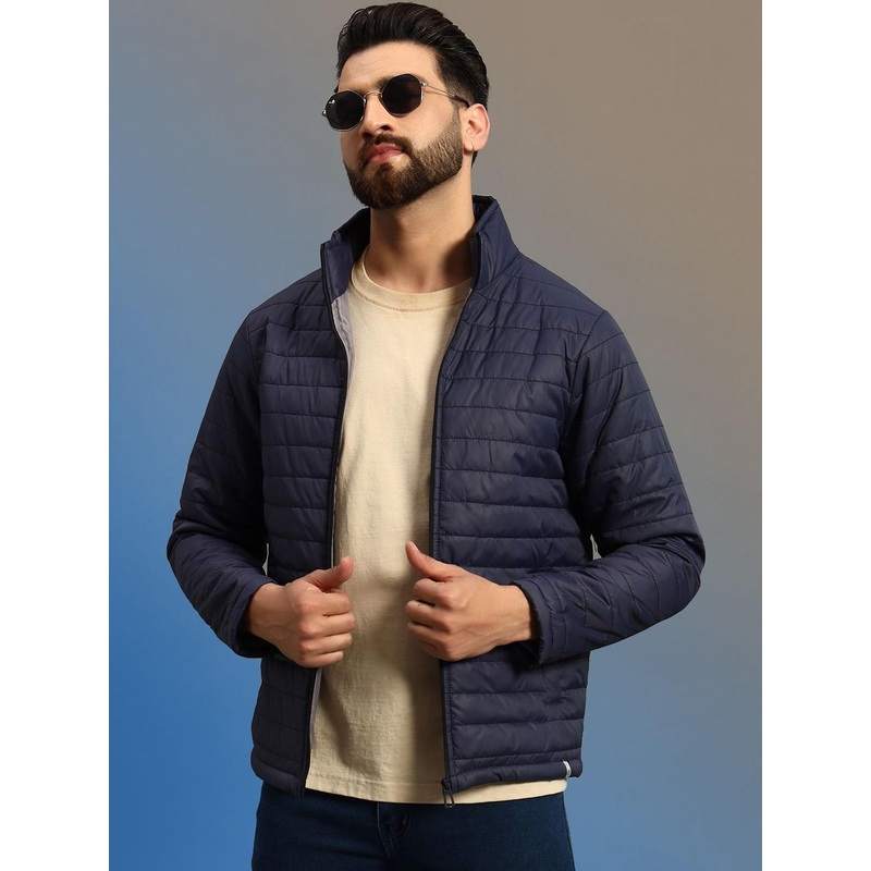 SZN Men Navy Blue Full Sleeves Solid Stand Collar Polyester Puffer Jacket