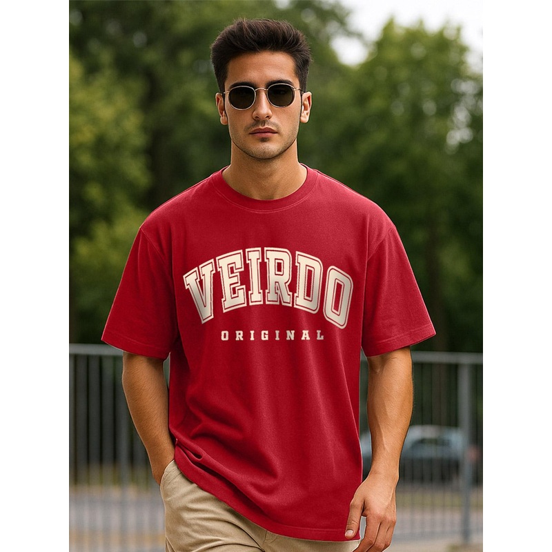 VEIRDO Men Red Typography Printed Round Neck Pure Cotton Oversized T-shirt
