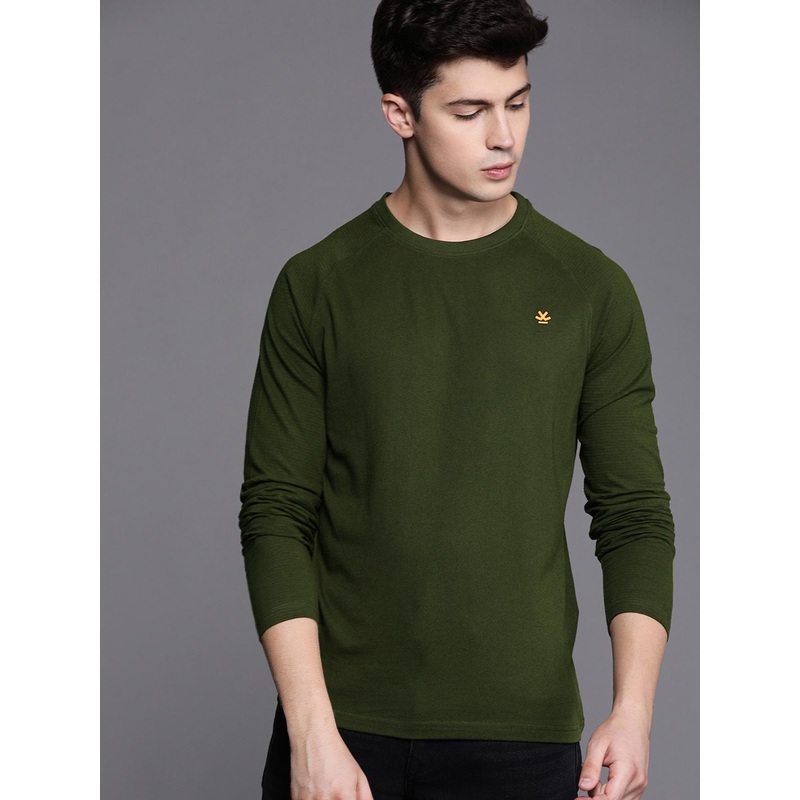 WROGN Men Olive Green Solid Slim Fit Round Neck Pure Cotton T-shirt