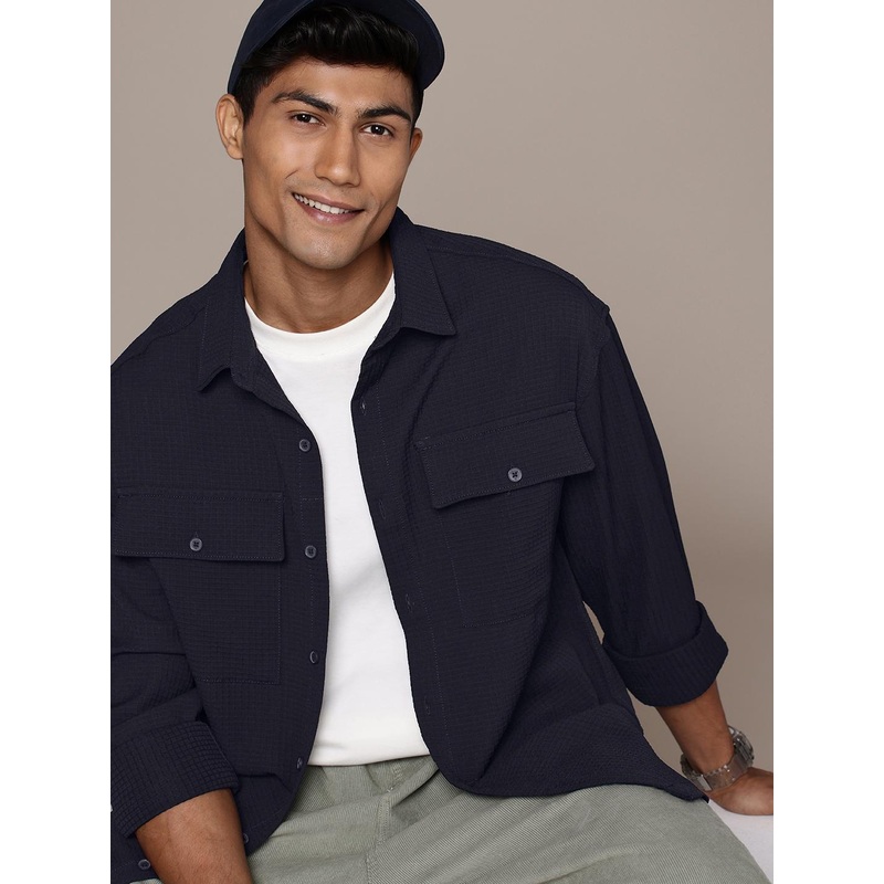 WROGN Self-Design Grid Tattersall Checks Drop-Shoulder Sleeves Oversized Casual Shirt