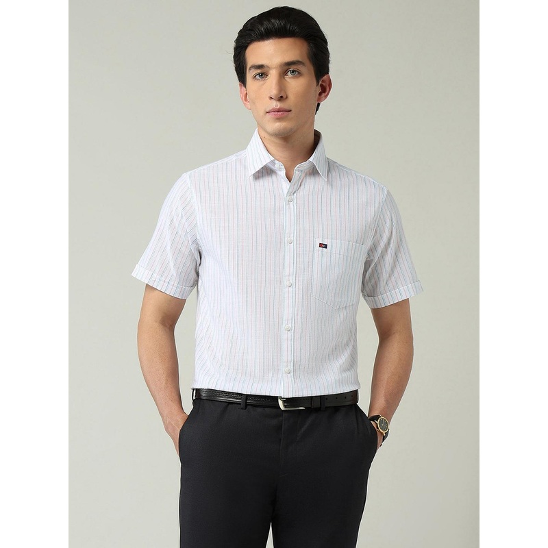 AD By Arvind Slim Fit Vertical Striped Short Sleeves Pure Cotton Shirt