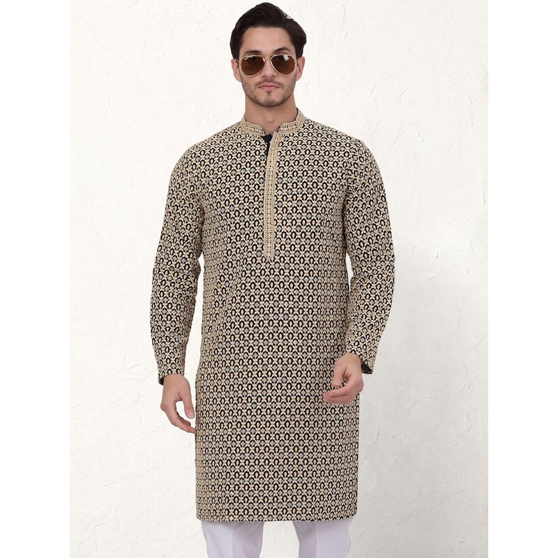 Anouk Black Geometric Embroidered Mandarin Collar Straight Kurta