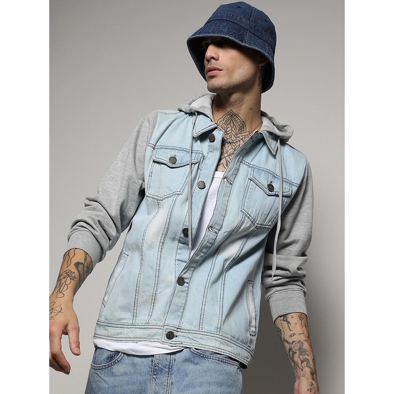 Campus Sutra Blue Washed Hooded Windcheater Denim