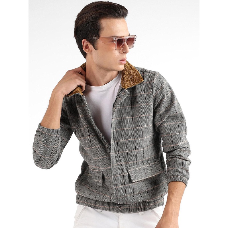 Campus Sutra Grey Checked Windcheater Cotton Tailored Jacket