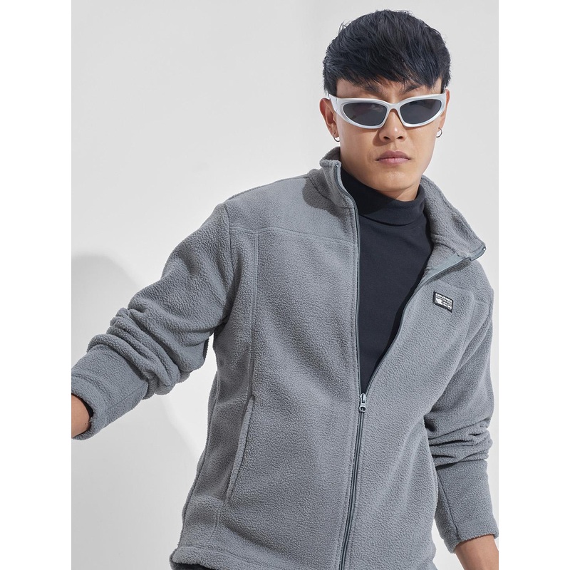 HIGHLANDER Grey Mock Collar Front-Open Sweatshirt