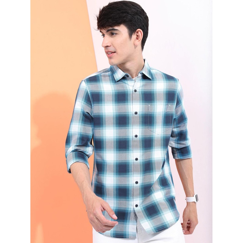 HIGHLANDER Men Blue Slim Fit Checked Casual Shirt