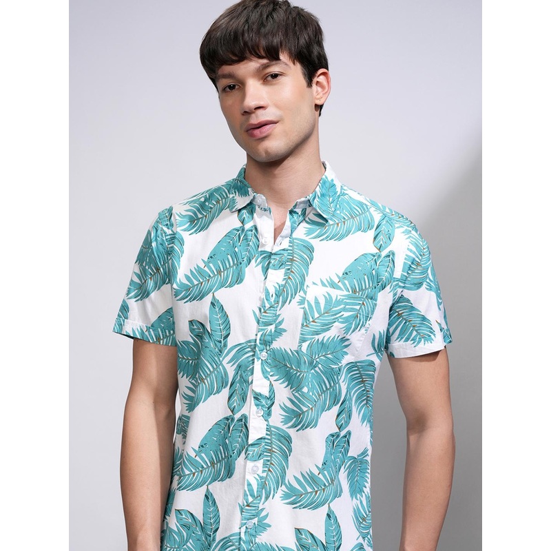 HIGHLANDER Men White & Green Slim Fit Printed Casual Shirt