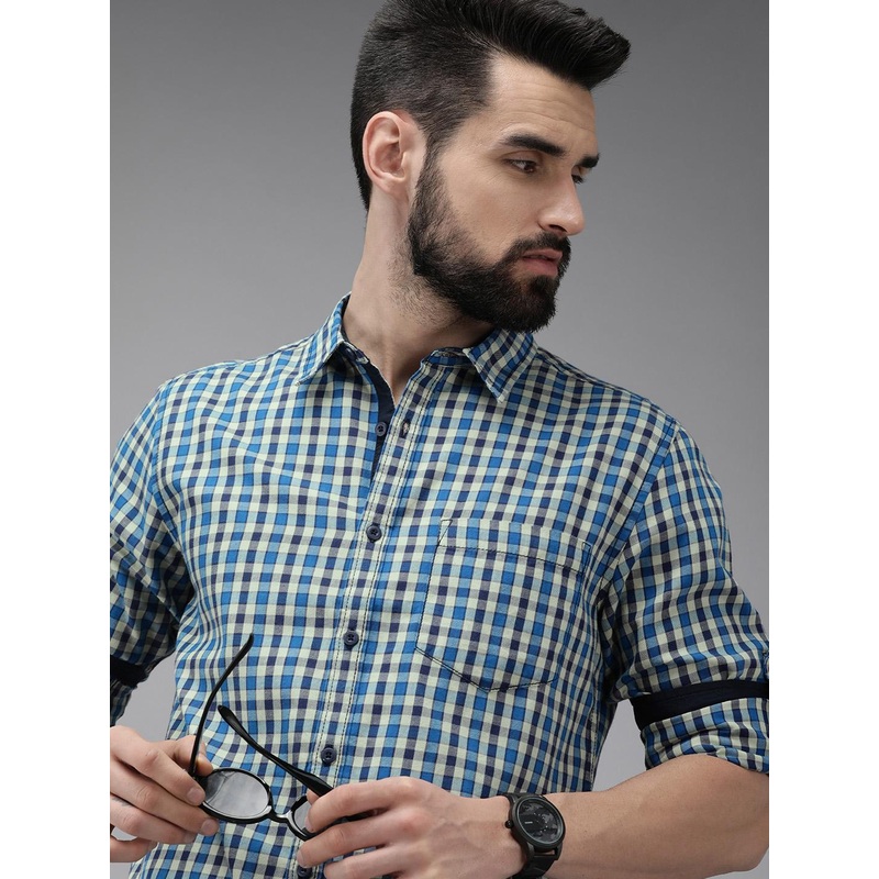 Roadster Men Blue & Green Gingham Checks Pure Cotton Casual Shirt