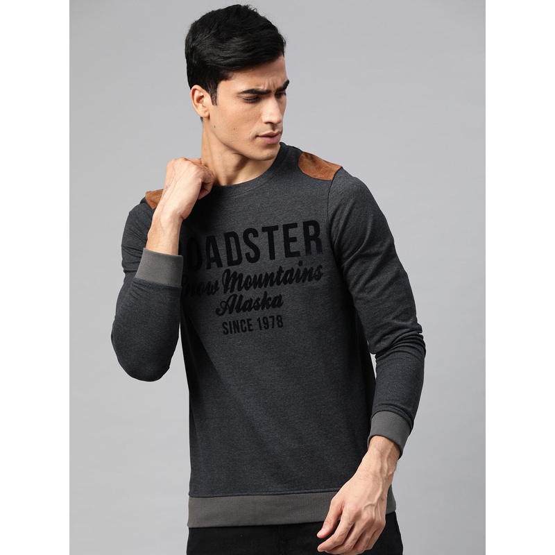 Roadster Men Charcoal Grey & Black Printed Round Neck T-shirt