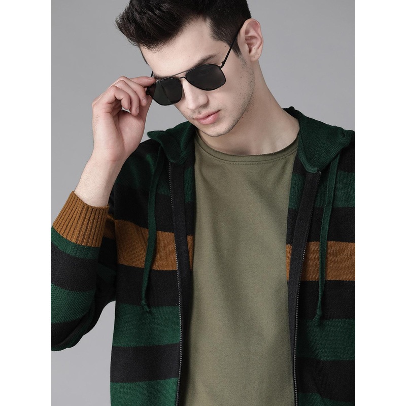Roadster Men Green & Black Striped Hooded Cardigan