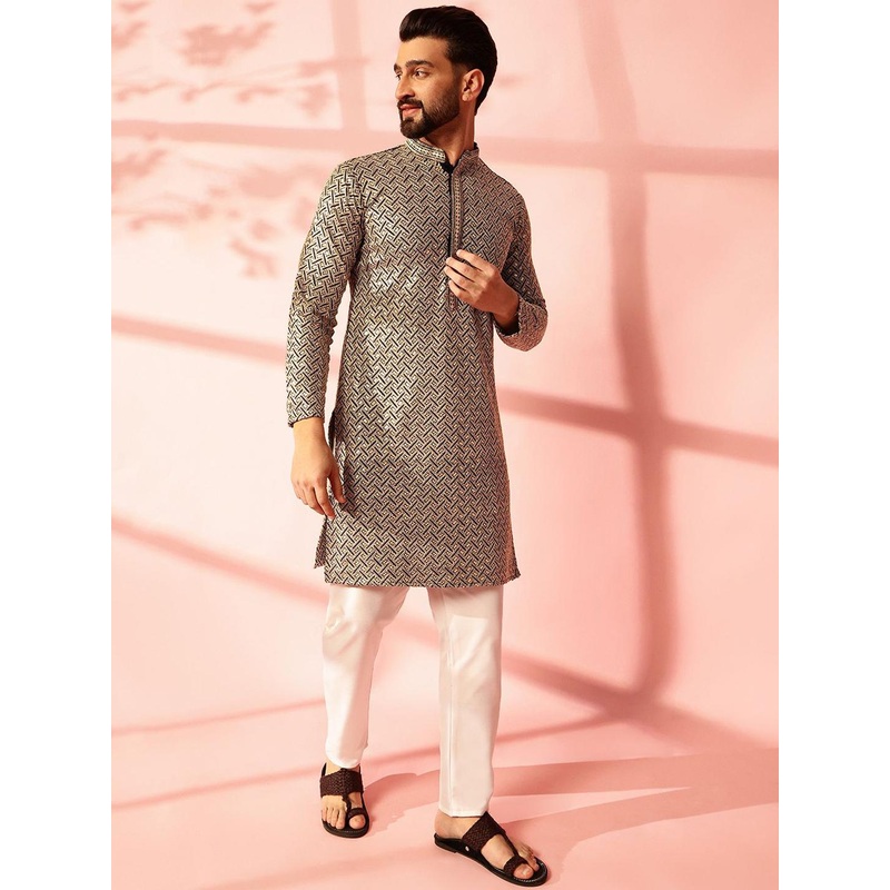 Anouk Geometric Embroidered Sequinned Cotton Straight Kurta