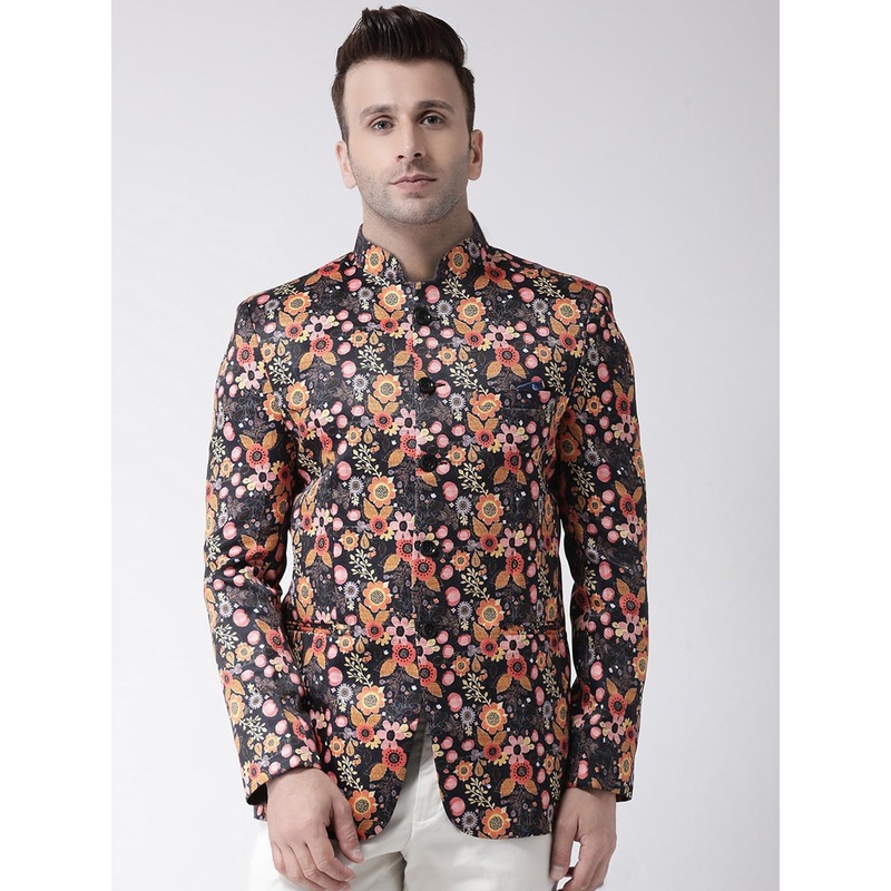 Hangup Men Black Printed Single Breasted Ethnic Blazer