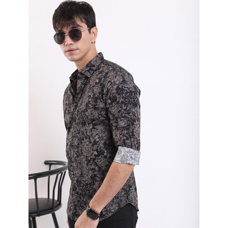 HIGHLANDER Black Floral Printed Long Sleeves Slim Fit Cotton Casual Shirt