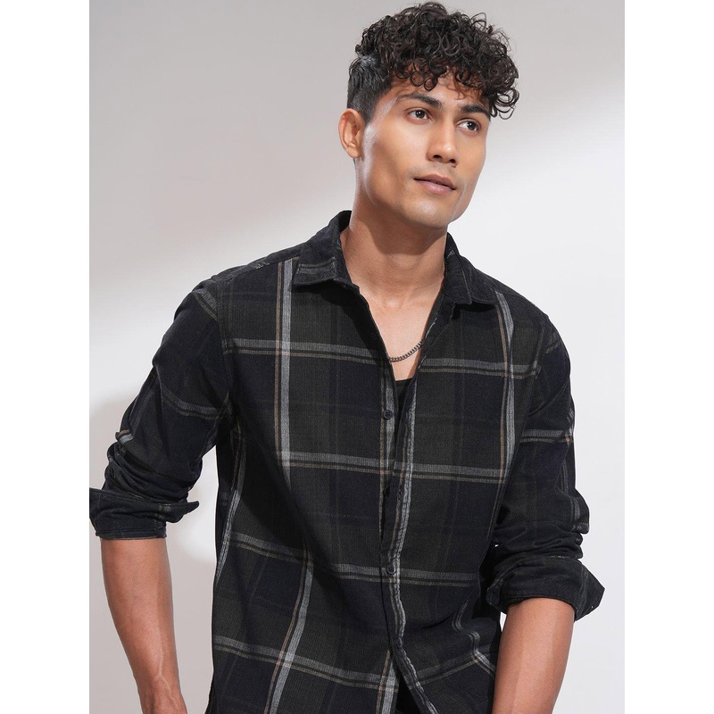 HIGHLANDER Men Comfort Slim Fit Cutaway Collar Tartan Checked Cotton Casual Shirt