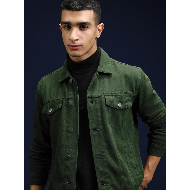 HIGHLANDER Men Green Solid Denim Jacket