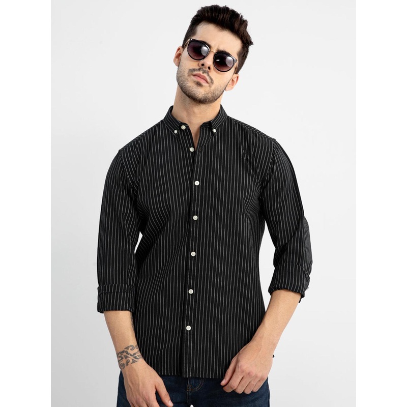 Snitch Black Vertical Striped Button-Down Collar Classic Slim Fit Cotton Casual Shirt
