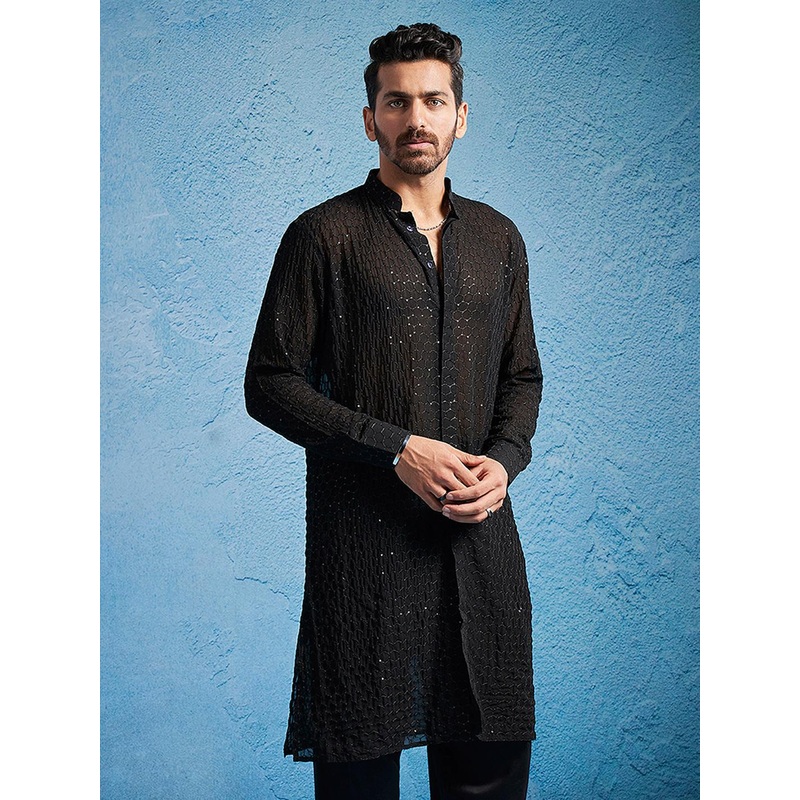 VASTRAMAY Men Georgette Sequence Semi Sheer Kurta