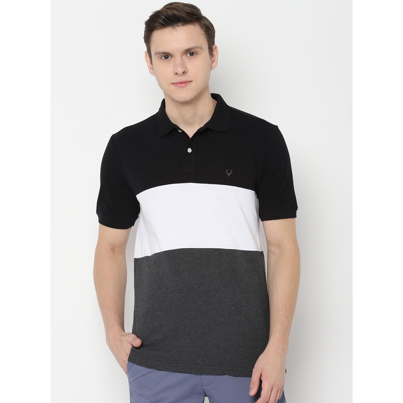 Allen Solly Men Grey  White Colourblocked Polo Collar Pure Cotton T-shirt