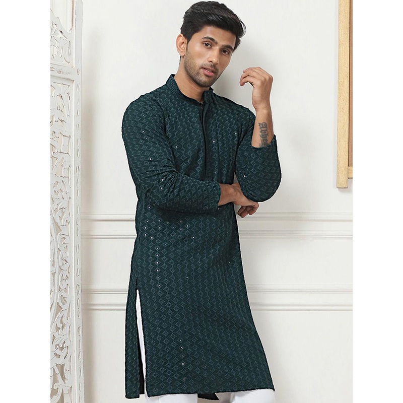 Anouk Green Embroidered Band Collar Sequinned Kurta