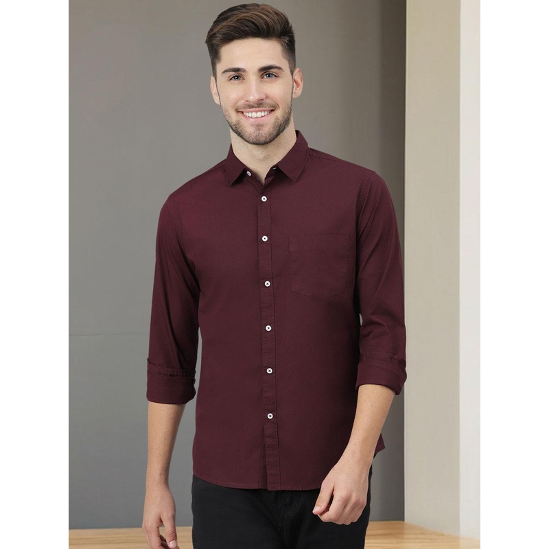 Dennis Lingo Men Burgundy Slim Fit Solid Pure Cotton Casual Shirt