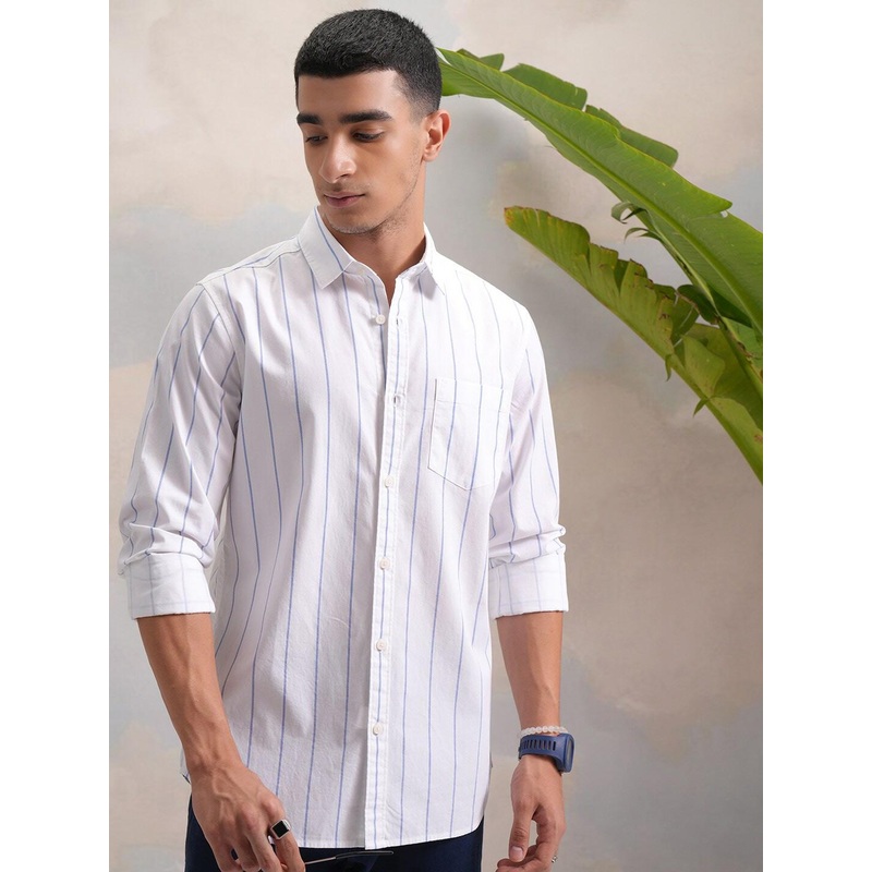 HIGHLANDER Classic White Slim Fit Vertical Striped Spread Collar Cotton Casual Shirt