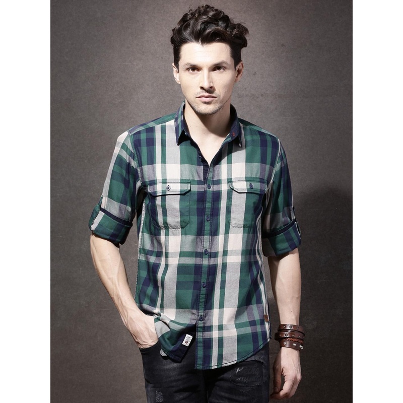 Roadster Men Green & Beige Checked Casual Shirt