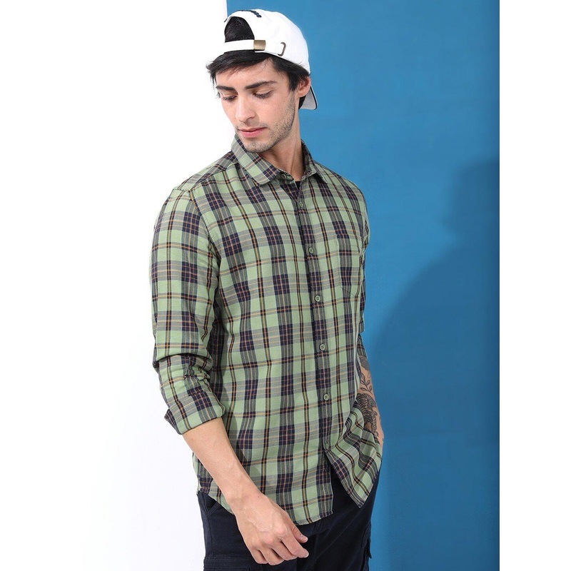 HIGHLANDER Men Slim Fit Tartan Checked Cotton Casual Shirt