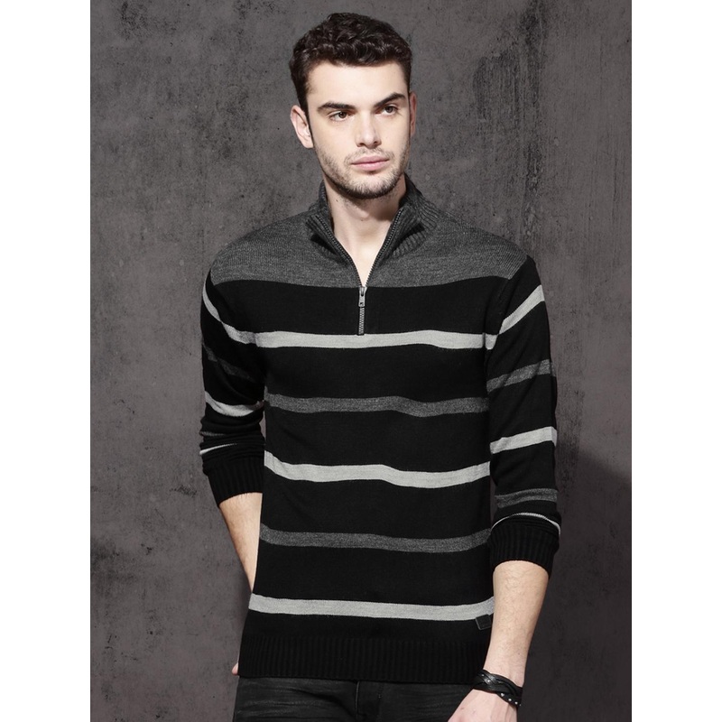Roadster Men Black & Grey Striped Cardigan