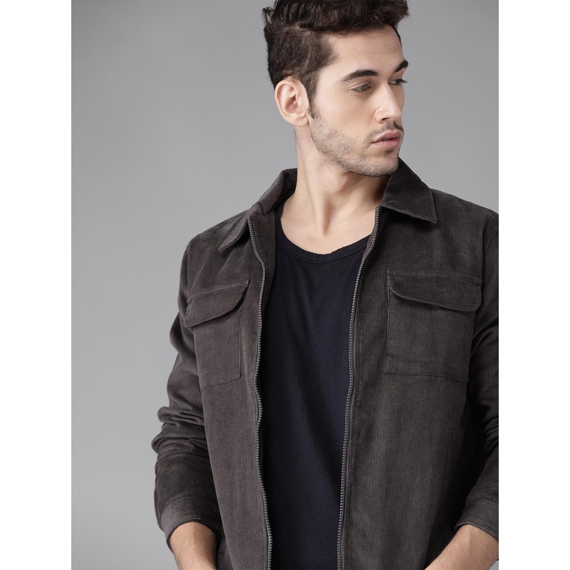 Roadster Men Charcoal Grey Solid Corduroy Jacket
