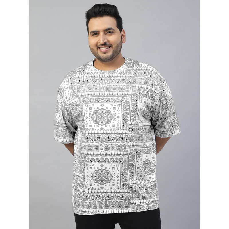 VEIRDO Men Paisley Printed Round Neck Pure Cotton Oversized Plus Size T-shirt