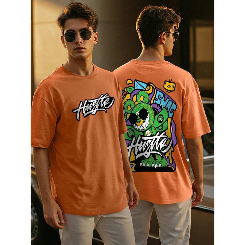 VEIRDO Round Neck Short Sleeves Graphic Printed Pure Cotton Cotton Oversized T-shirt