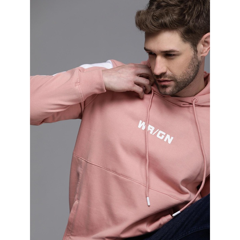 WROGN Men Pink Printed Hooded Pullover Sweatshirt