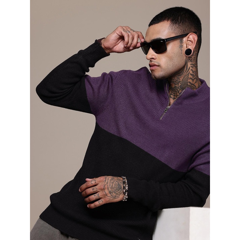 WROGN Mock Collar Colourblocked Pullover Sweater