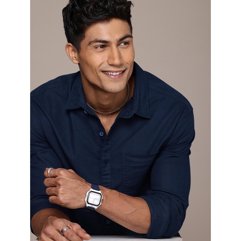 WROGN Pure Cotton Self Design Textured Comfort Opaque Casual Shirt