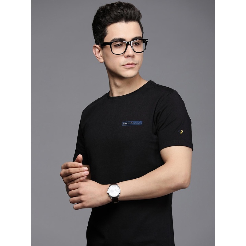 Allen Solly Men Black & Blue Brand Logo Printed Slim Fit Pure Cotton T-shirt