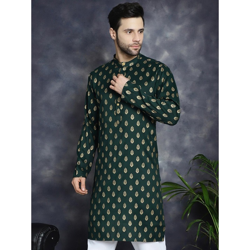 Anouk Olive Green Ethnic Motifs Printed Band Collar Straight Kurta